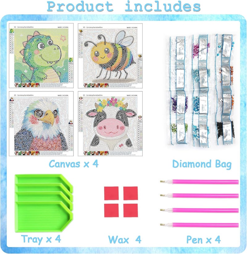 geesfayan 4 Pack Diamond Art Kit for Kids 6 Inch DIY Animal Gem Art with 4 Tools Sets, Gem Painting for Beginners, Creative Craft Gift for Teens & Kids(Eagle Cow Dinosaur Bee) - Image 3
